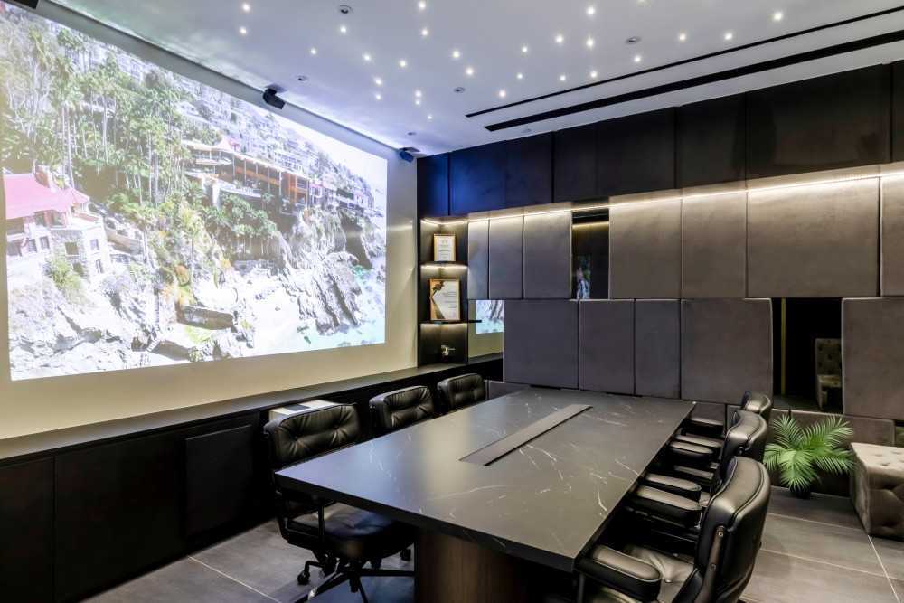 Modern Rooftop with Ceiling Light and Armchairs