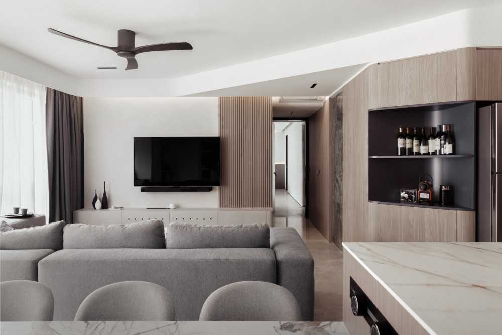 Modern Living Room with Countertop and Marble Floor