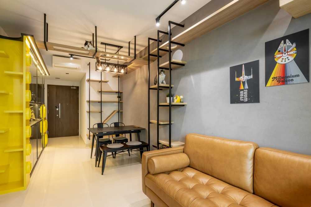 Industrial Living Room with Bookshelf and Feature Wall