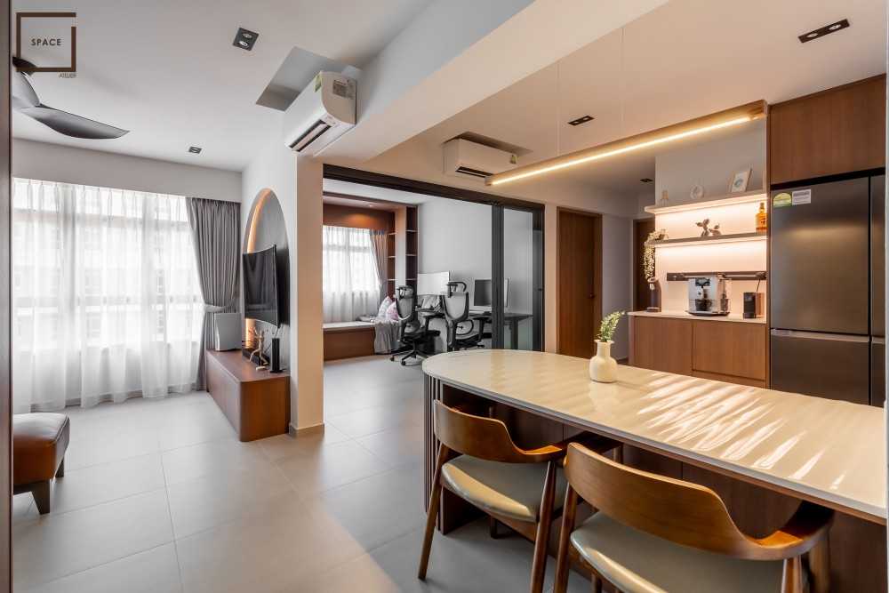 Contemporary Living Room with Drop Light and Open Kitchen