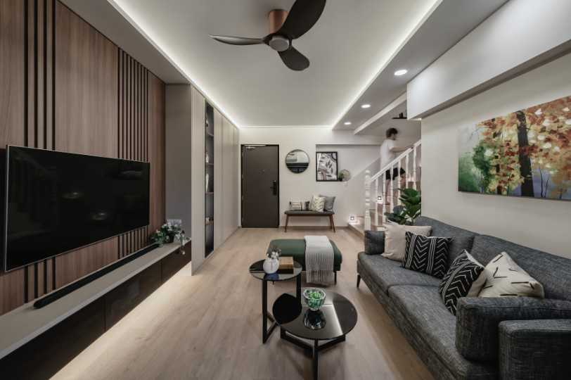 Contemporary Living Room with TV Console and Cove Lighting