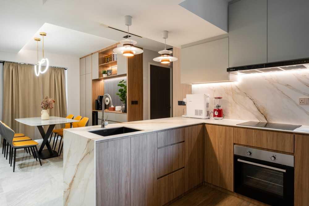 Scandinavian Kitchen with Homogeneous Tiles and Kitchen Window