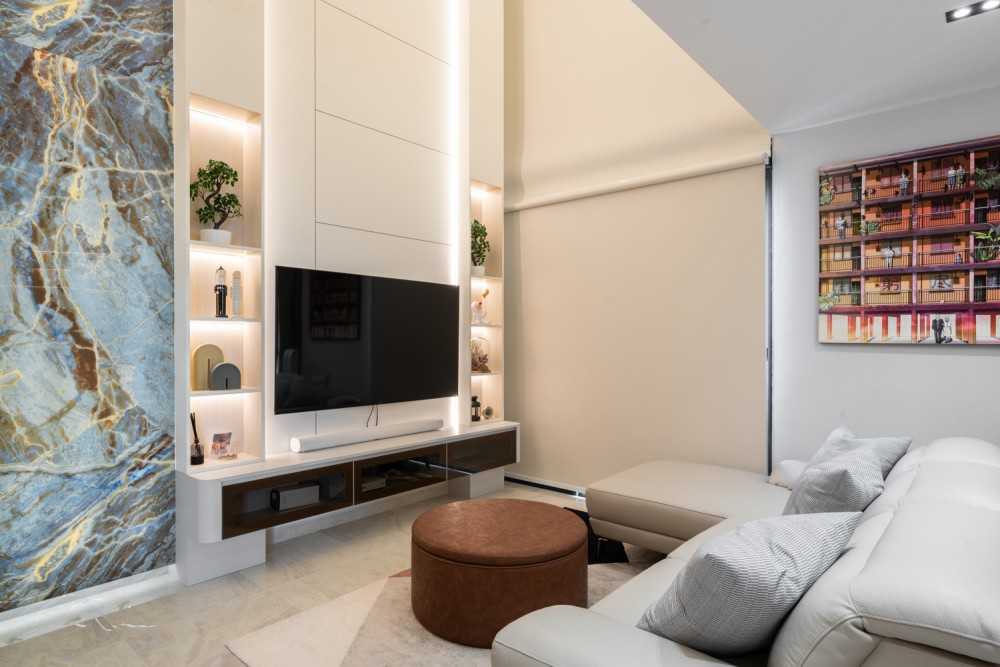 Scandinavian Living Room with TV Console and Feature Wall