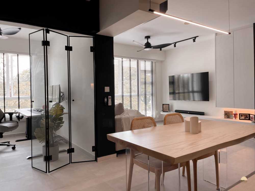 Scandinavian Dining Room with TV Console and Glass Door
