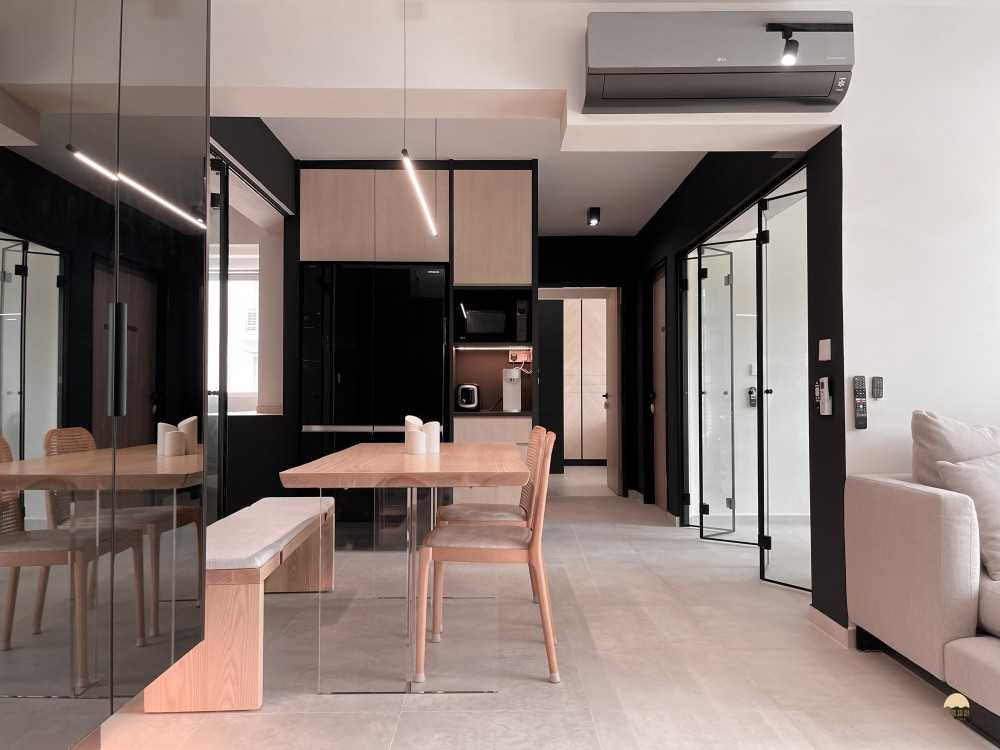 Scandinavian Dining Room with Mirror and Glass Door