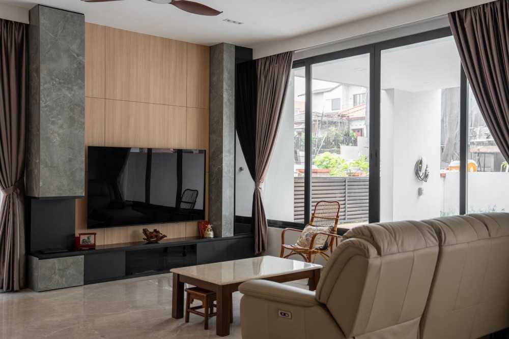 Contemporary Living Room with TV Console and Feature Wall