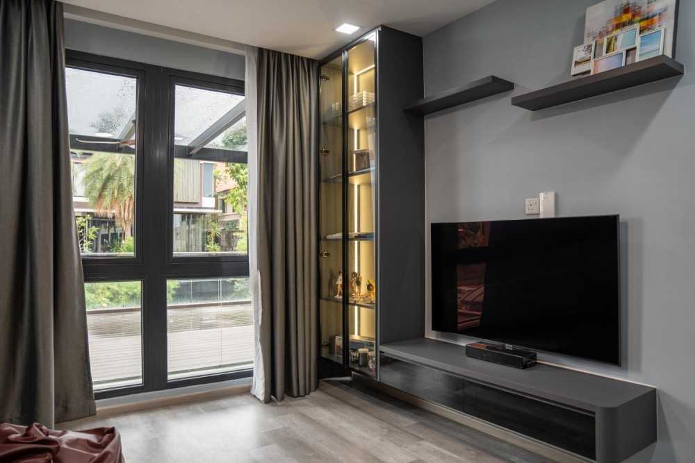 Contemporary Living Room with TV Console and Feature Wall