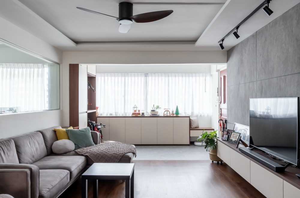 Scandinavian Living Room with Wood Flooring and Feature Wall