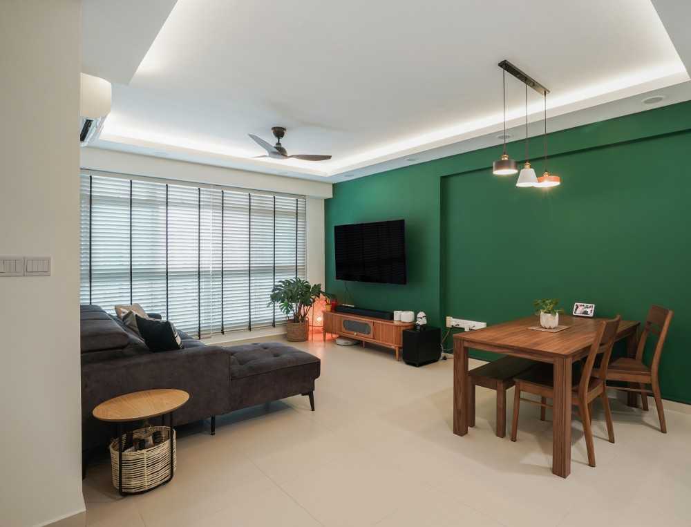 Scandinavian Living Room with TV Console and Feature Wall