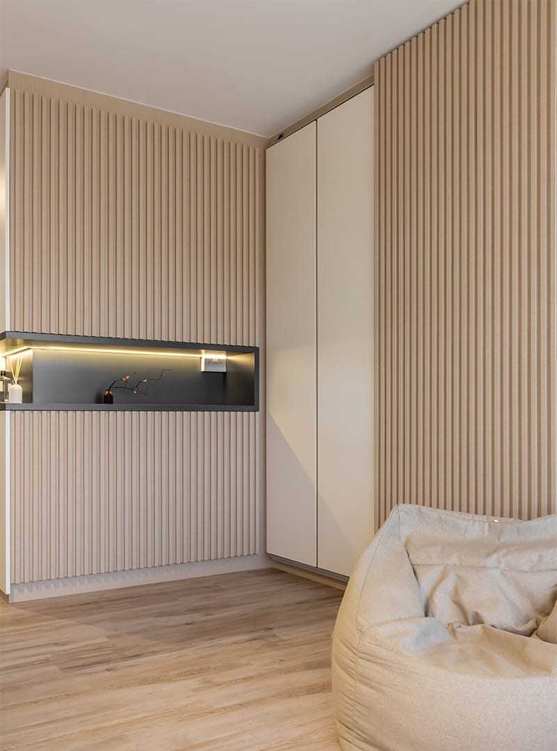 Asian Living Room with Feature Wall and Flooring