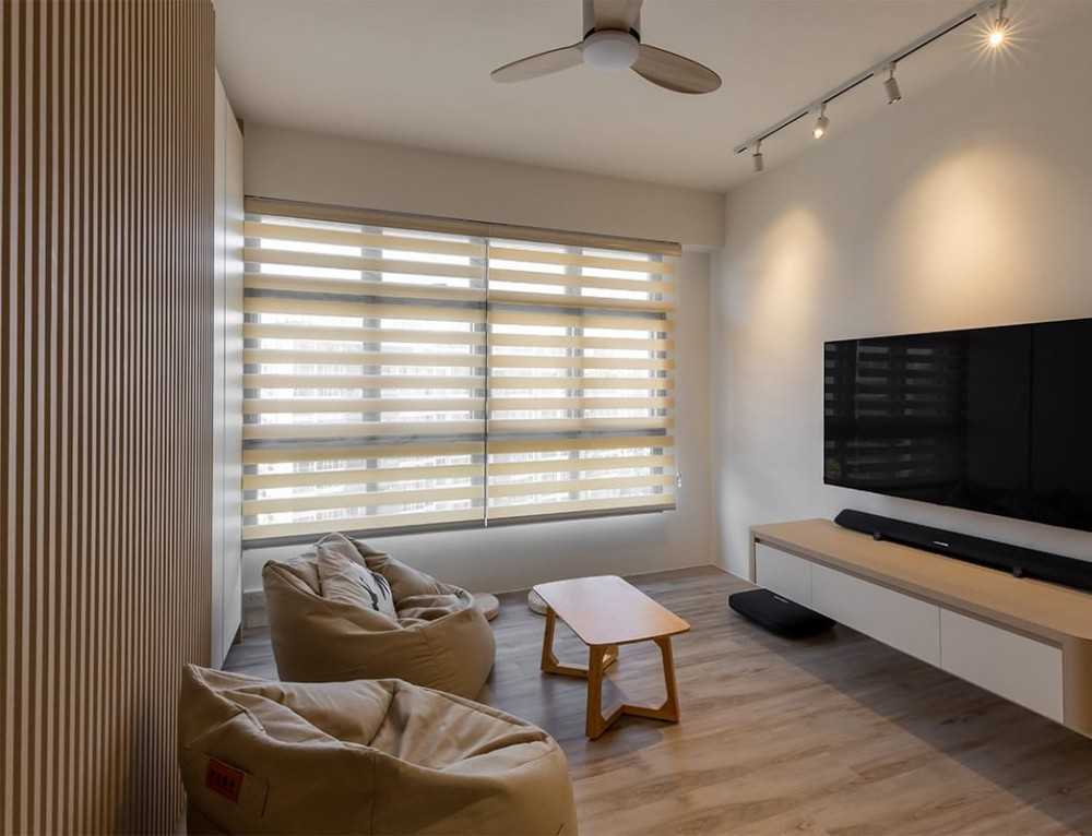 Asian Living Room with Bookshelf and TV Console