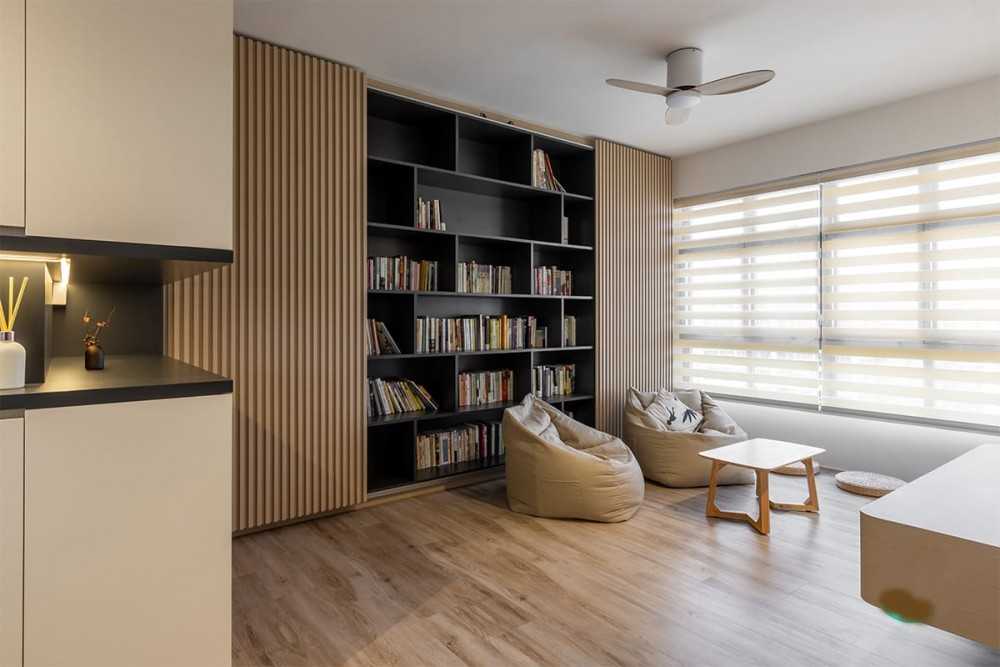 Asian Living Room with Bookshelf and Coffee Table
