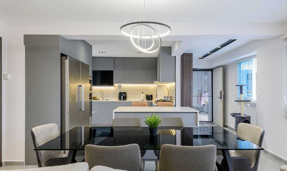 Modern Living Room with Drop Ceiling and Kitchen Cabinets