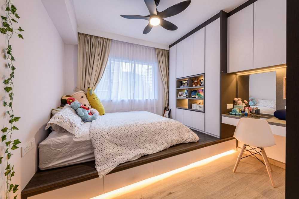 Modern Bedroom with Bookshelf and Platform Bed