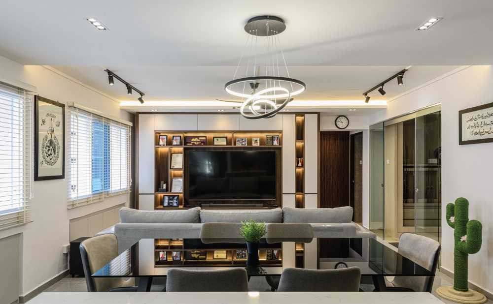 Modern Living Room with TV Console and Drop Ceiling