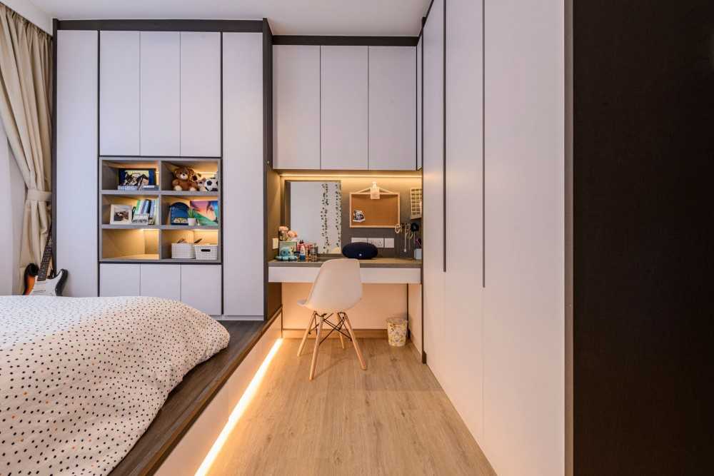 Modern Bedroom with Bookshelf and Vinyl Flooring
