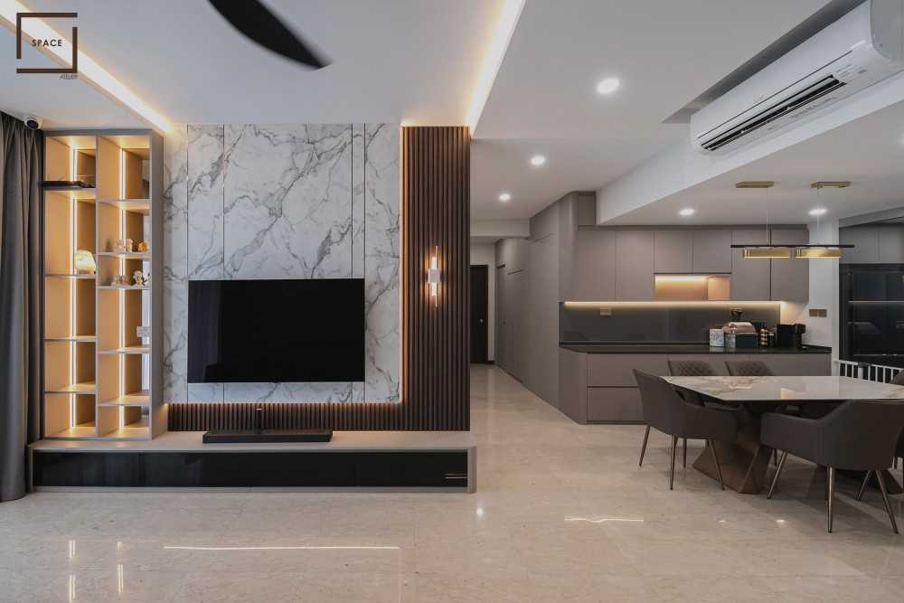 Contemporary Living Room with Marble Floor and TV Console