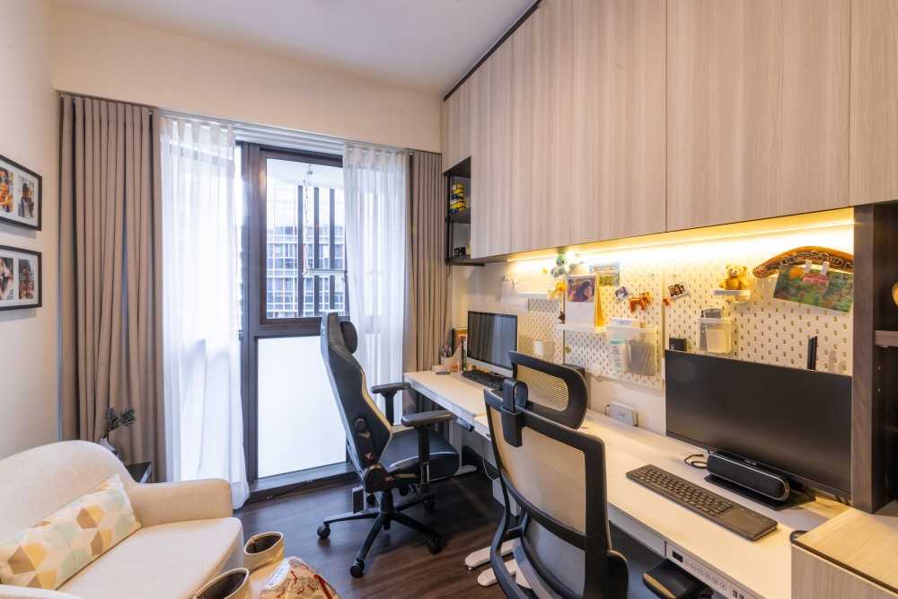 Contemporary Home Office with Small Storage and Wall Shelves