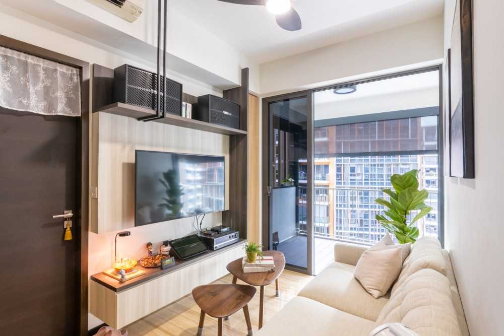 Contemporary Living Room with Bookshelf and TV Console