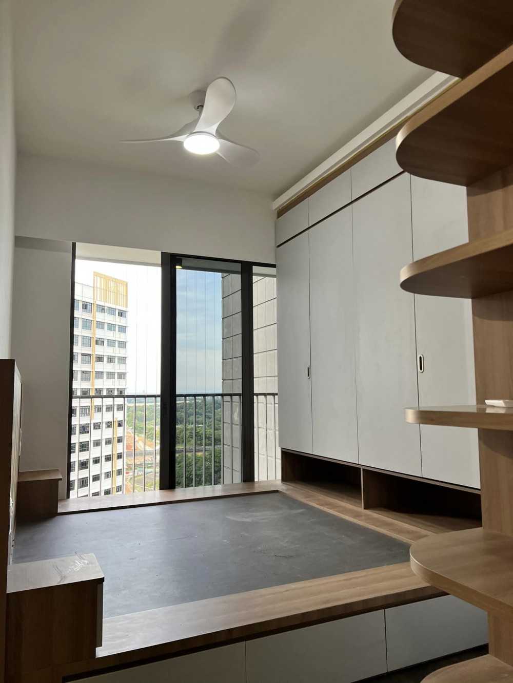 Scandinavian Bedroom with Platform Bed and Vinyl Flooring