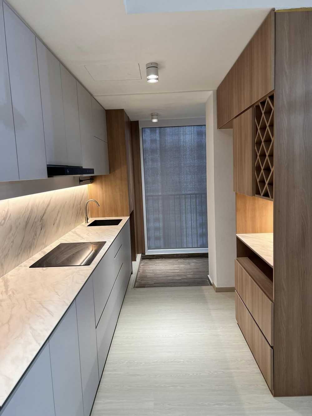 Scandinavian Kitchen with Marble Floor and Kitchen Island
