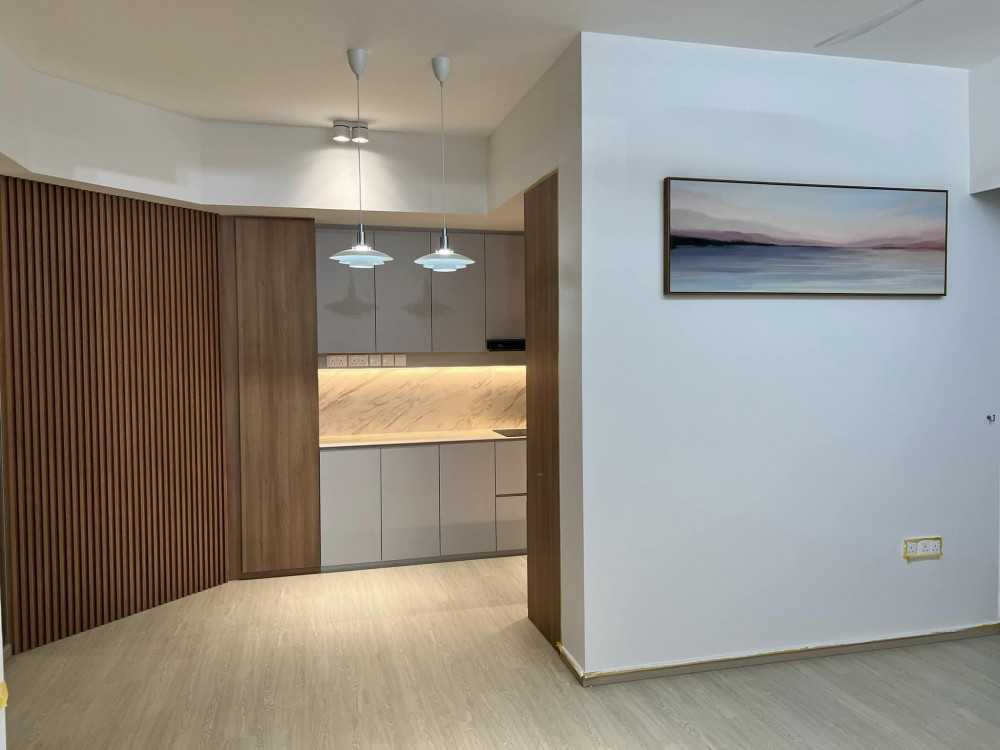 Scandinavian Living Room with Homogeneous Tiles and Parquet Floor