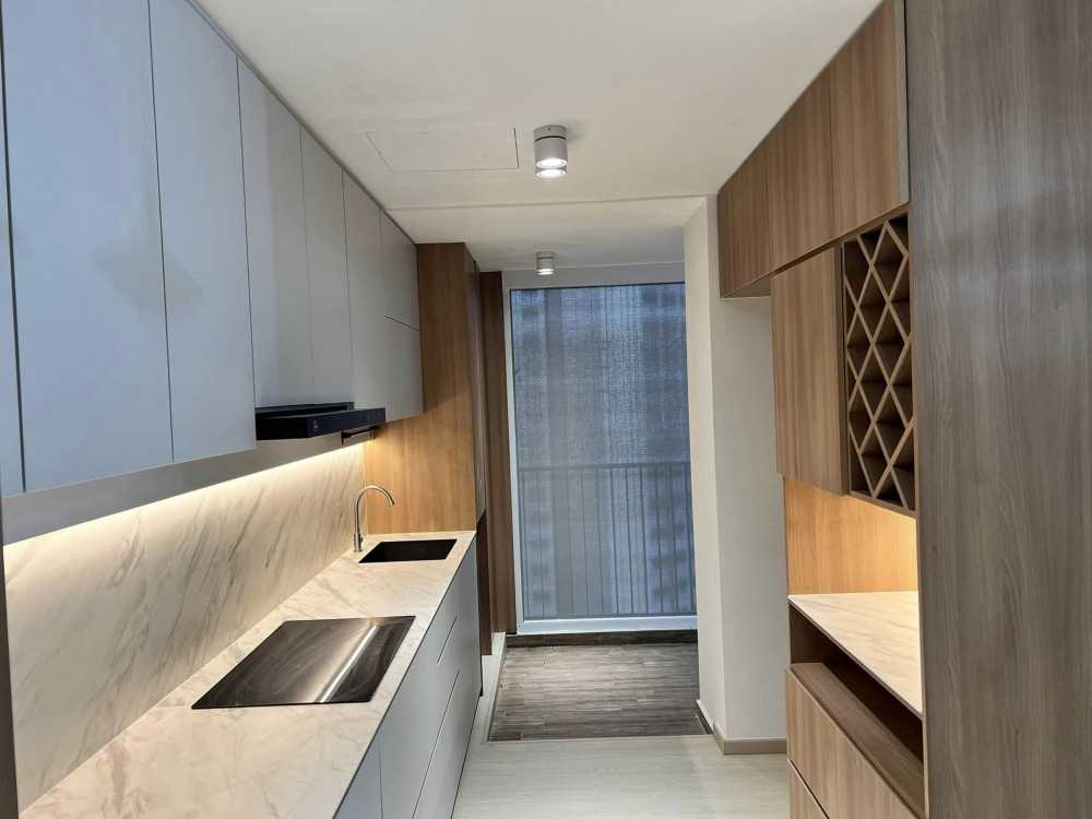 Scandinavian Kitchen with Marble Floor and Wood Flooring