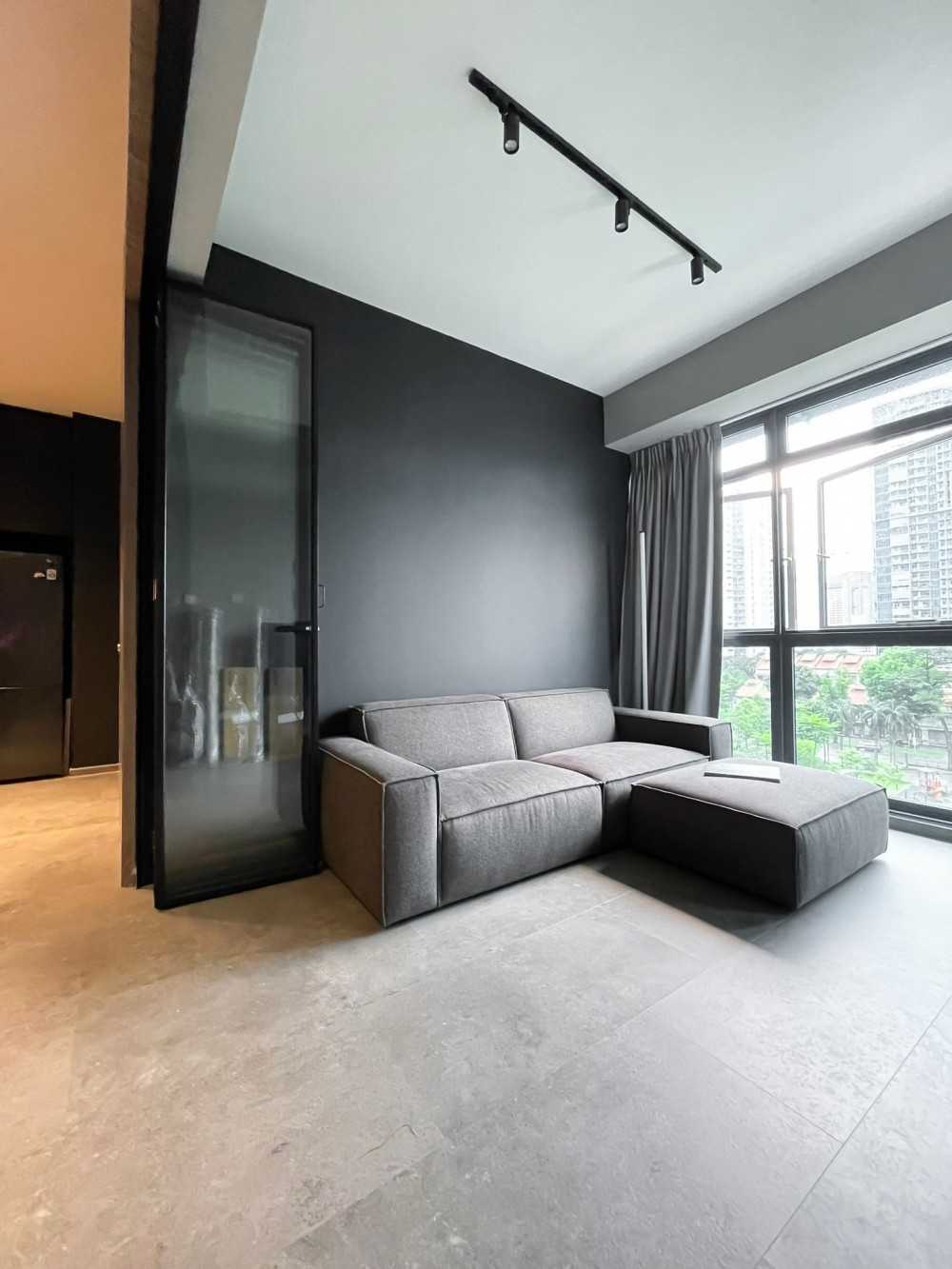 Scandinavian Living Room with Glass Door and Window Grille