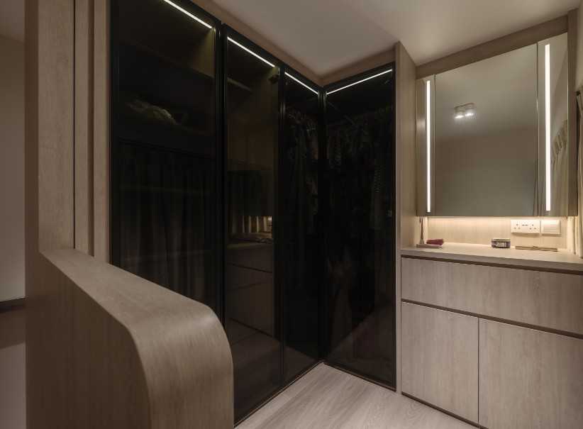 Modern Bedroom with Cove Lighting and Glass Door