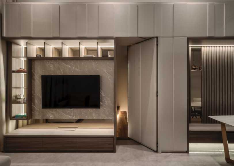 Modern Living Room with Homogeneous Tiles and TV Console
