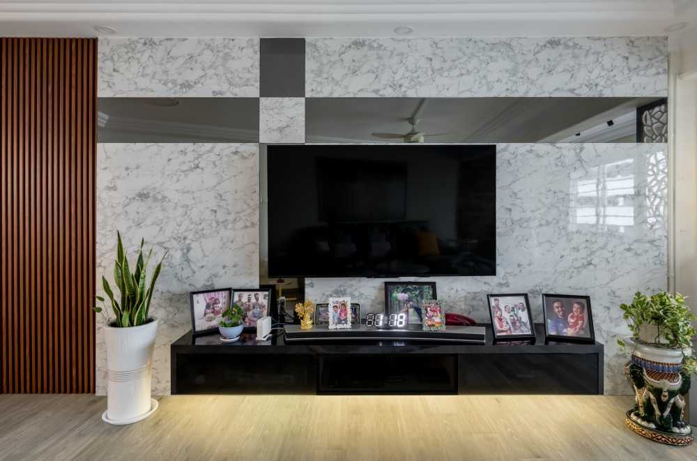 Scandinavian Living Room with TV Console and Feature Wall