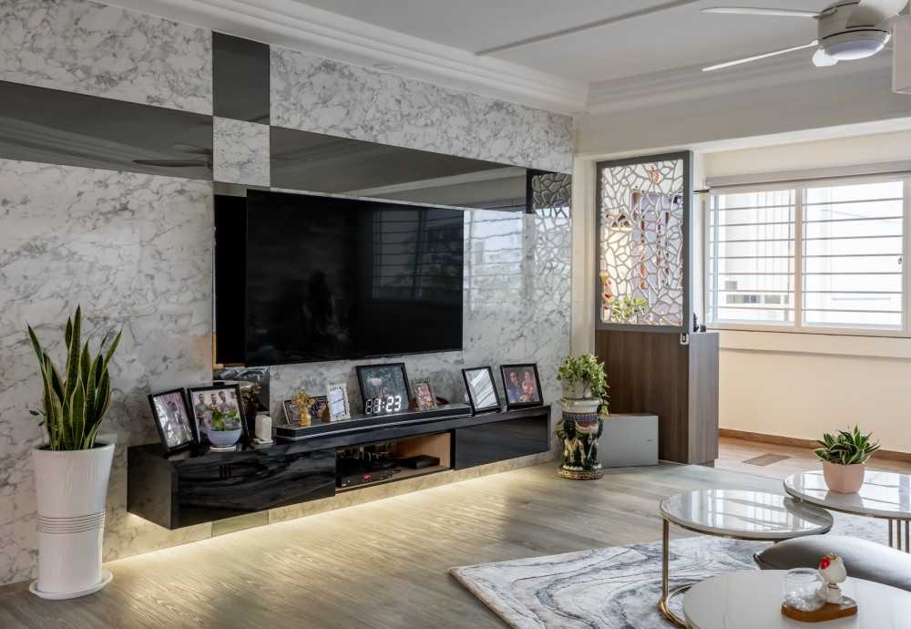 Scandinavian Living Room with Wood Flooring and Feature Wall