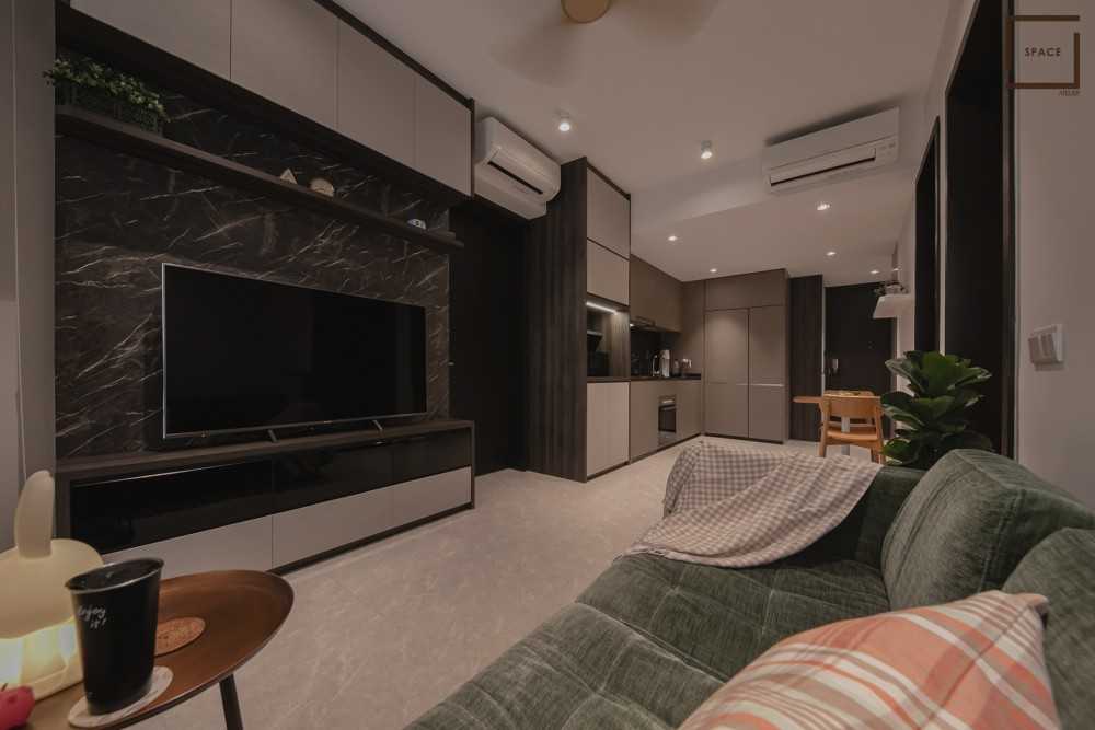 Minimalist Living Room with Homogeneous Tiles and TV Console