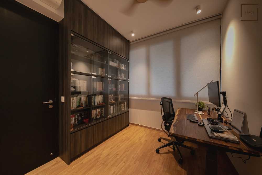 Minimalist Home Office with Bookshelf and Drawer Units