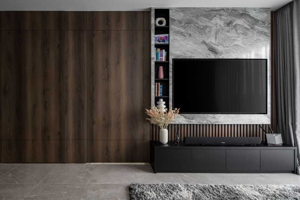 Contemporary Living Room with TV Console and Feature Wall