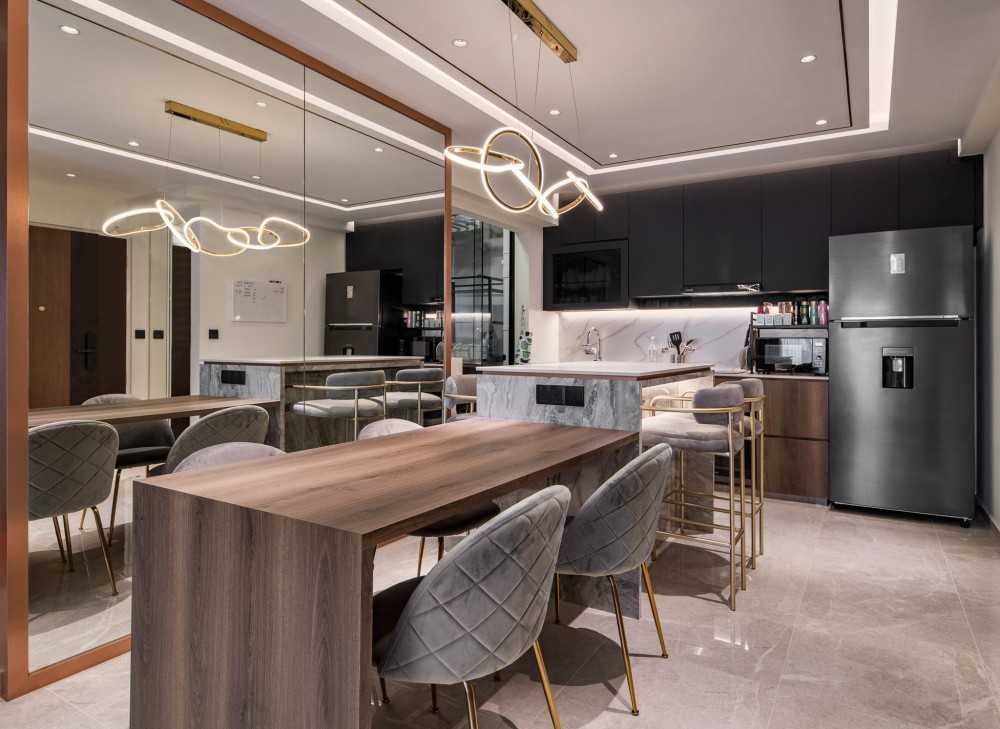 Contemporary Dining Room with Chandelier and Dining Table