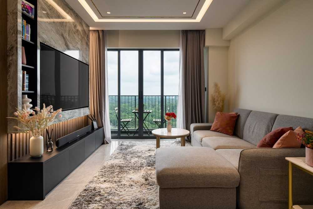 Contemporary Living Room with Homogeneous Tiles and Feature Wall