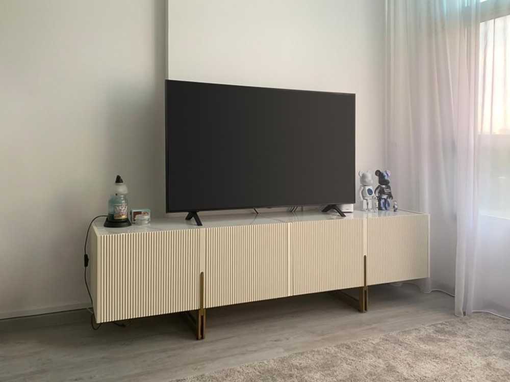 Scandinavian Living Room with TV Console and Window Grille