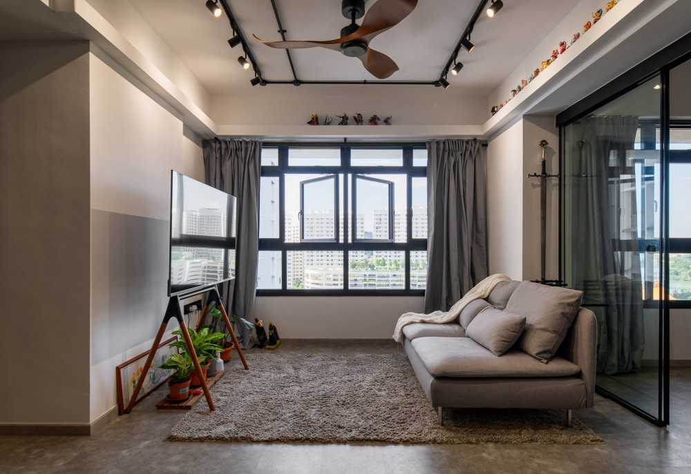 Modern Living Room with Bookshelf and Vinyl Flooring