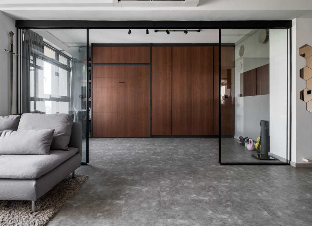 Modern Living Room with Bookshelf and Vinyl Flooring