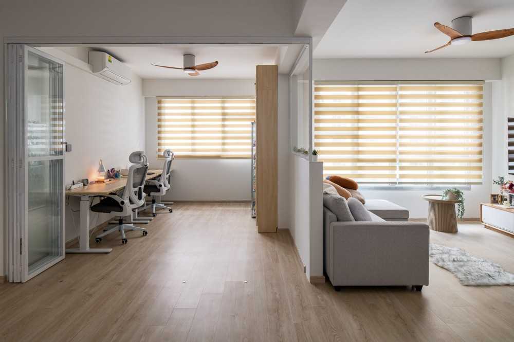 Scandinavian Living Room with Bookshelf and Vinyl Flooring