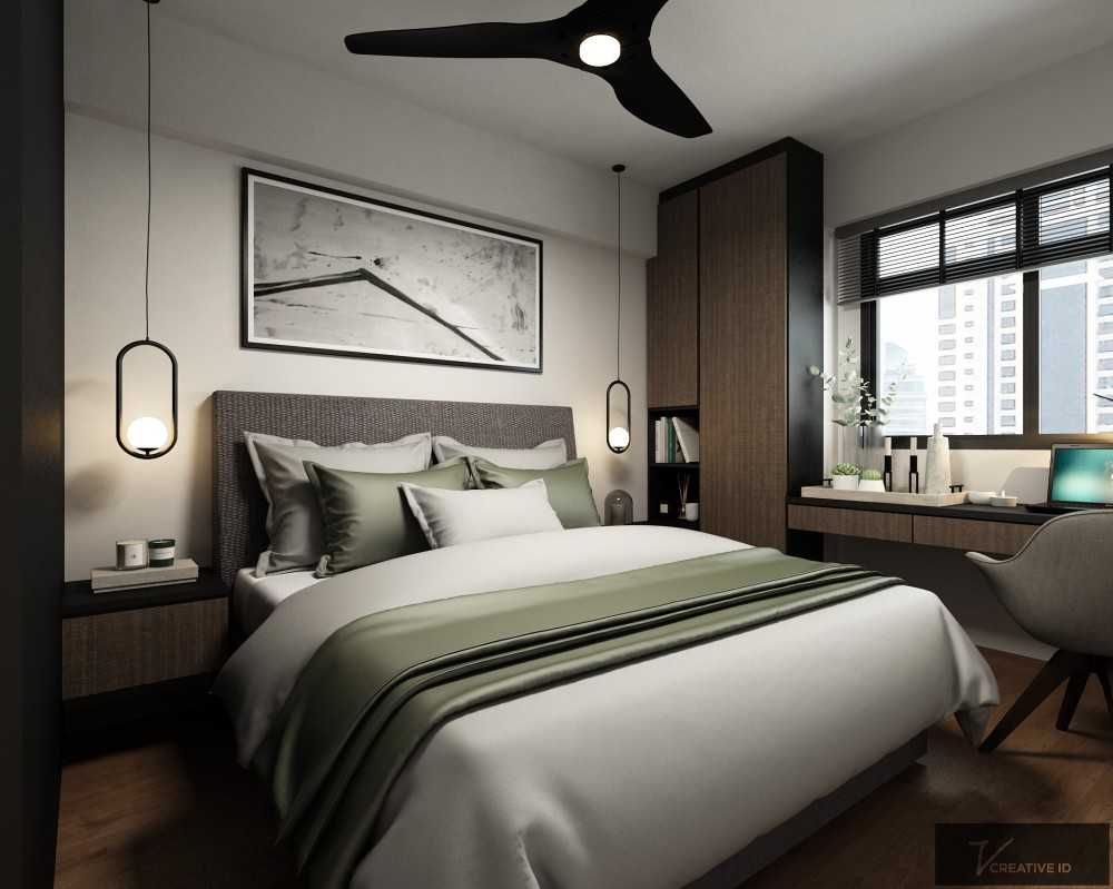 Industrial Bedroom with Vinyl Flooring and Ceiling Light