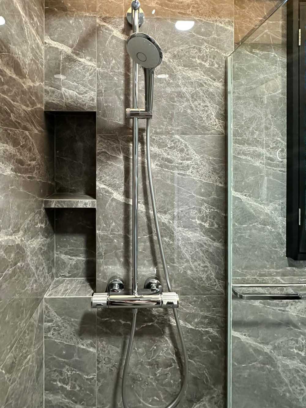 Scandinavian Bathroom with Feature Wall and Shower Screen