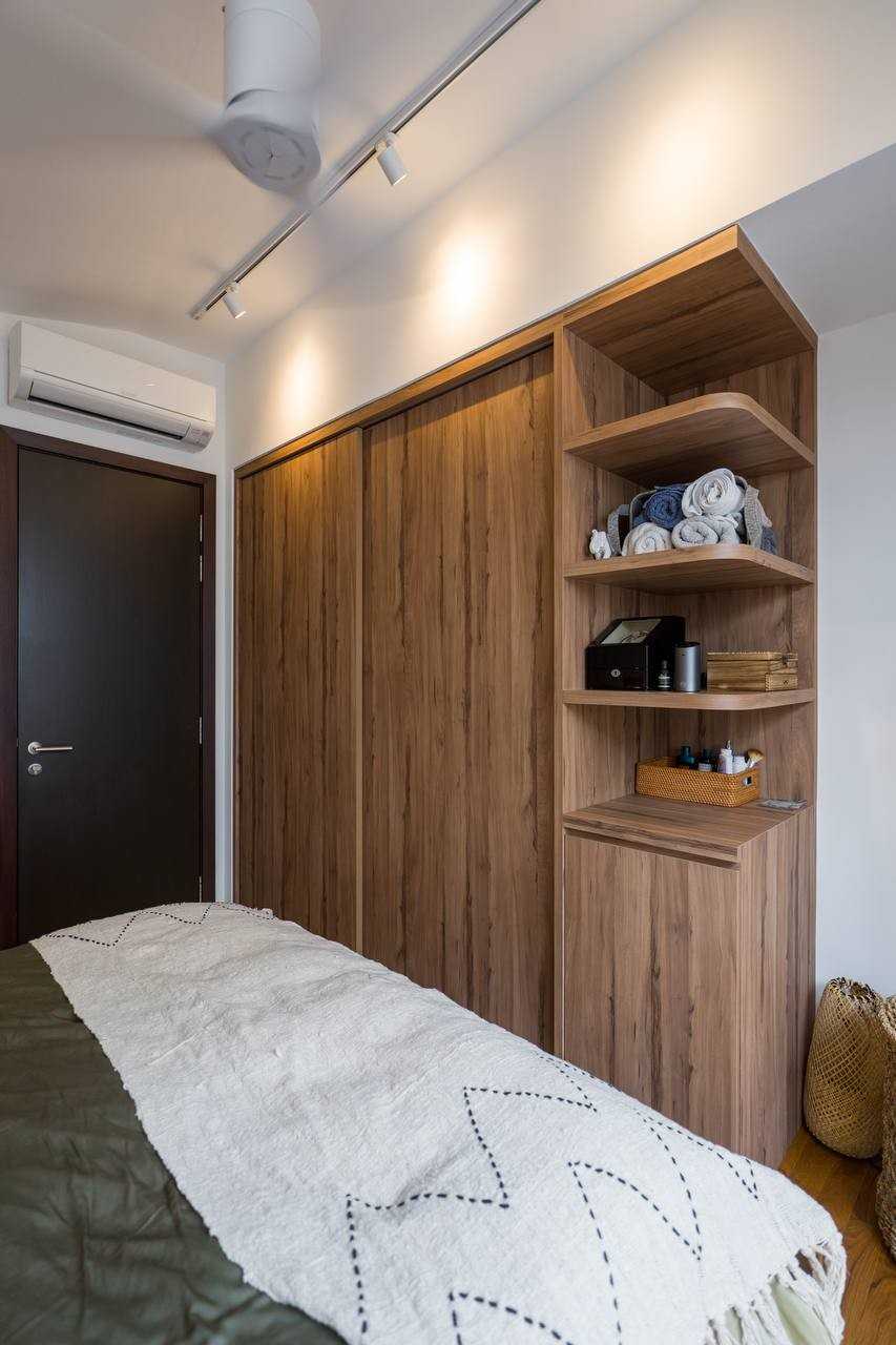 Scandinavian Bedroom with Wood Flooring and Wardrobe