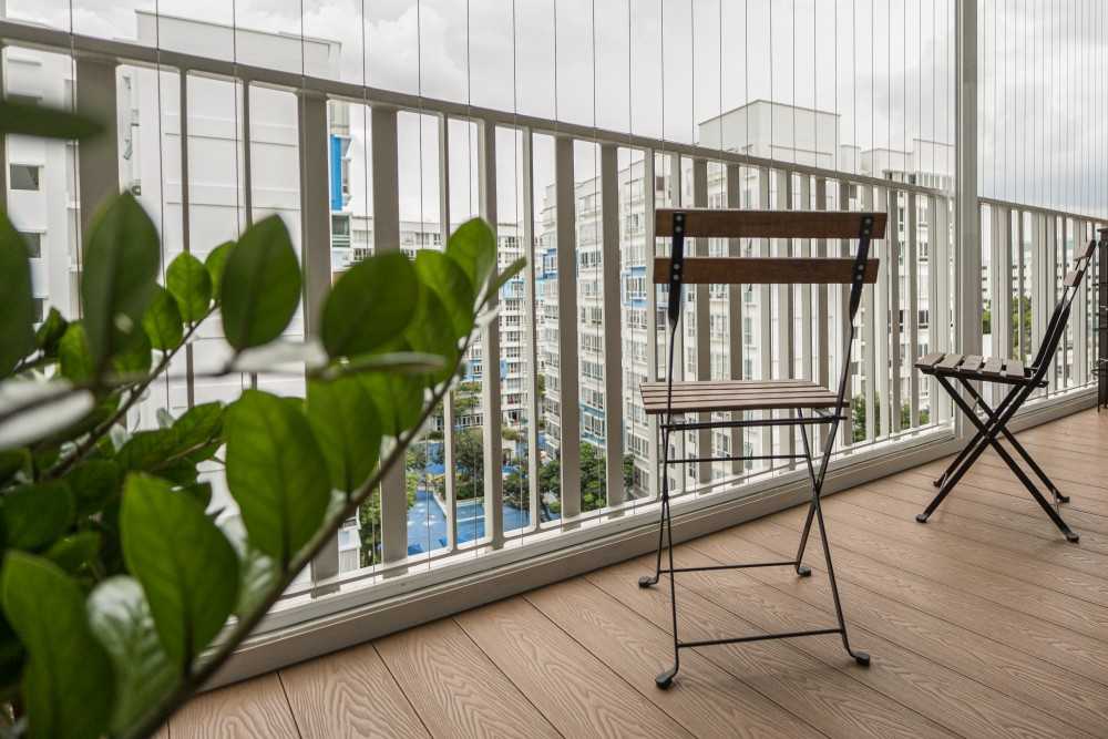 Contemporary Balcony with Curtain and Outdoor Chairs