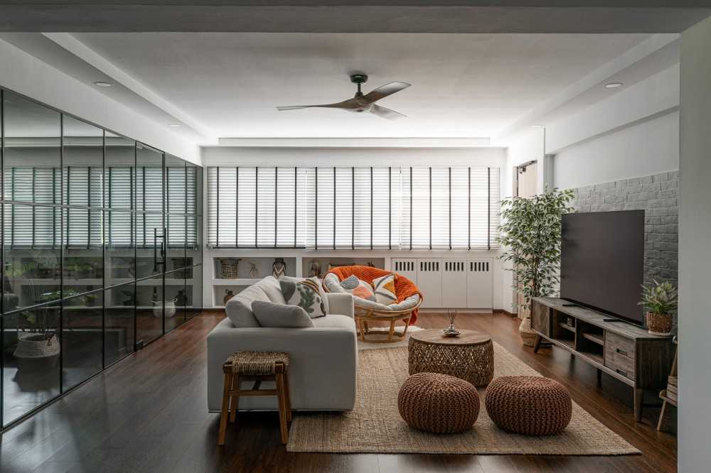 Scandinavian Living Room with Feature Wall and Glass Door