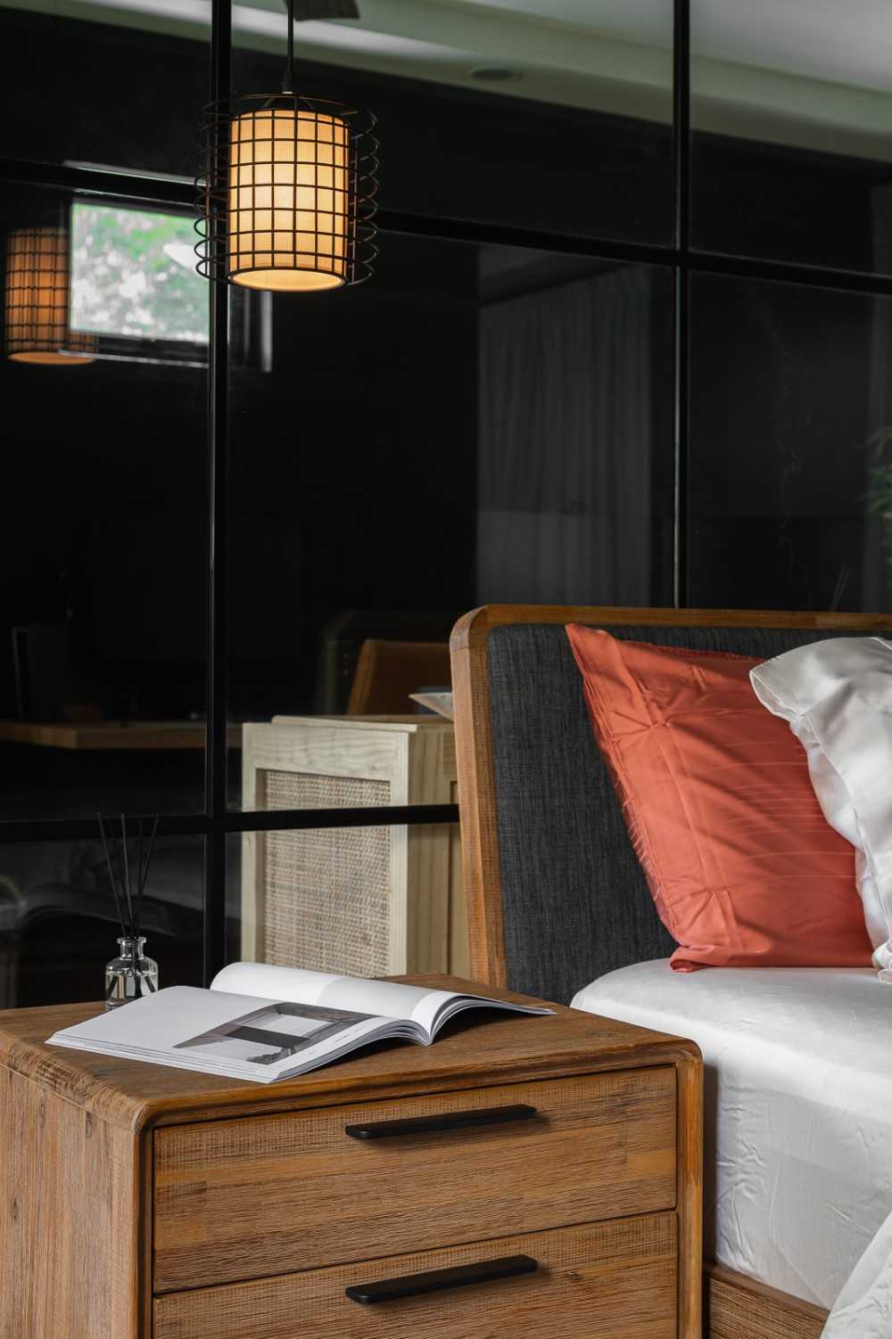 Scandinavian Bedroom with Wood Flooring and Bedside Table