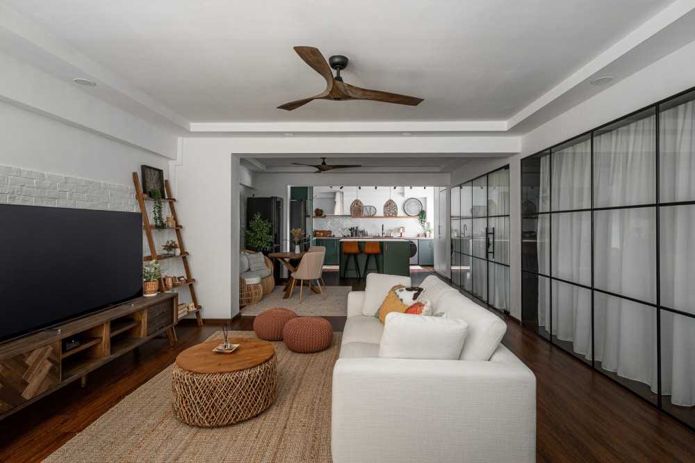 Scandinavian Living Room with Wood Flooring and TV Console