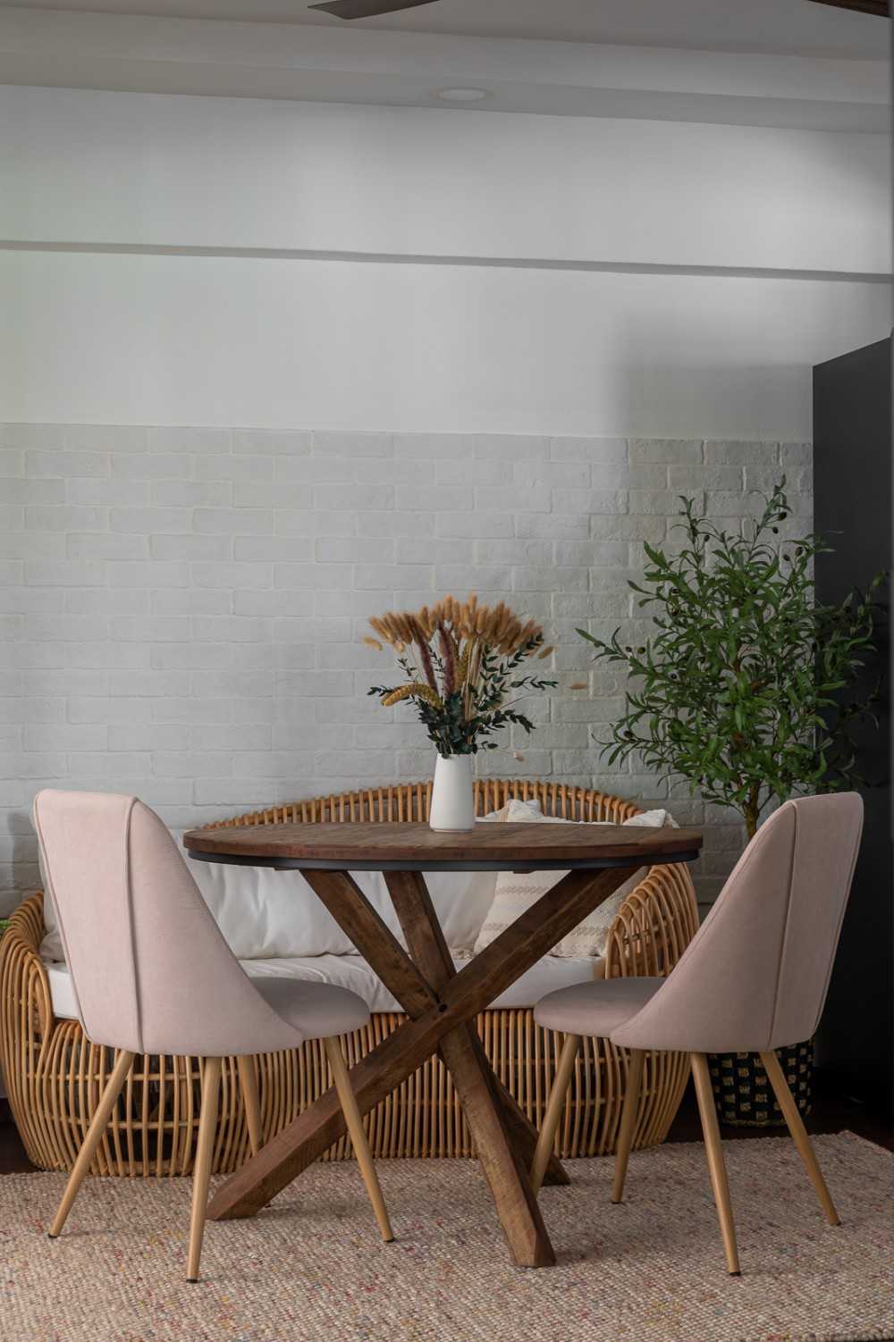 Scandinavian Dining Room with Feature Wall and Carpet