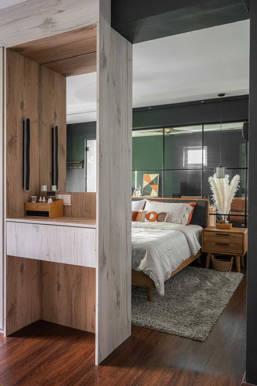 Scandinavian Bedroom with Wood Flooring and Wardrobe
